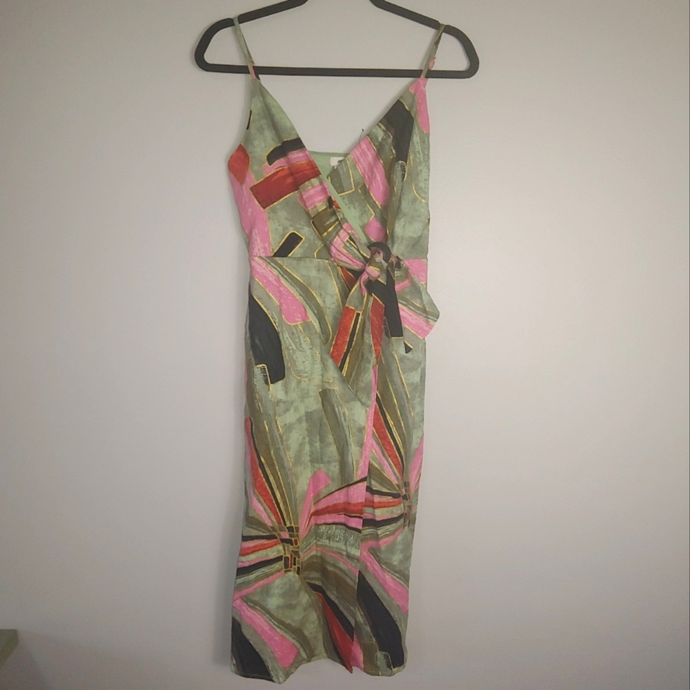 2 NWT Jason Wu Linen Blend Green Print Faux Wrap Dress